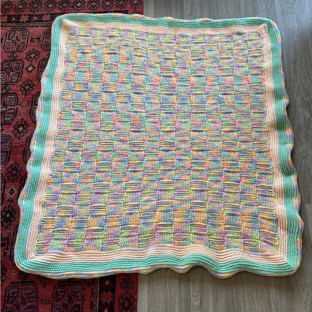 VTG Handmade Pastel Rainbow Crocheted Granny Square Blanket Or Rug 55x50